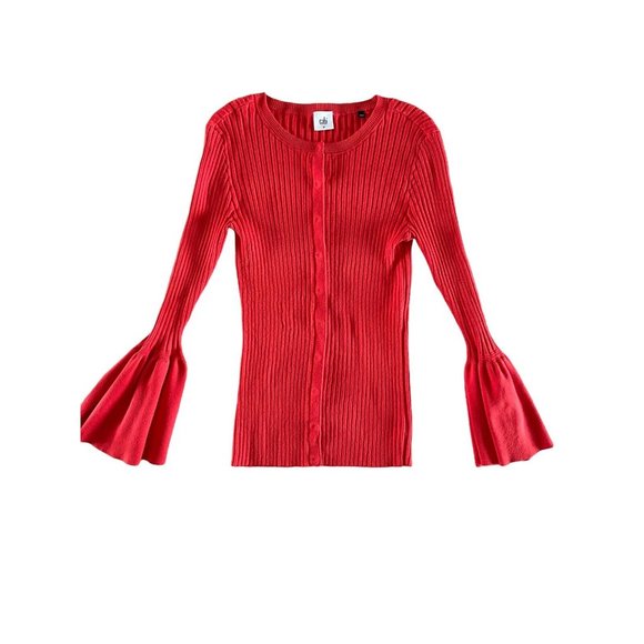 Cabi Trumpet Cardigan Medium Red Orange Sweater Bell Sleeves Snaps Ribbed 5285 - Picture 4 of 11